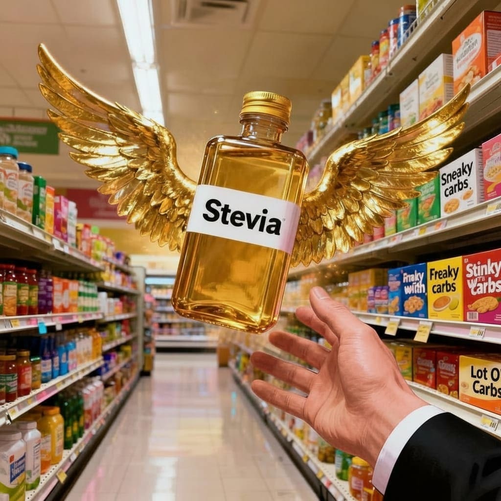 A hand holding a golden bottle labeled 'Stevia' with wings in a grocery aisle.