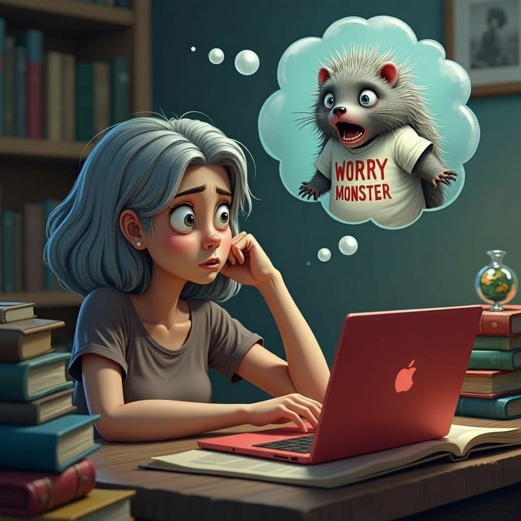 Young woman studying with a laptop, imagining a poodle with a "party master" hat.