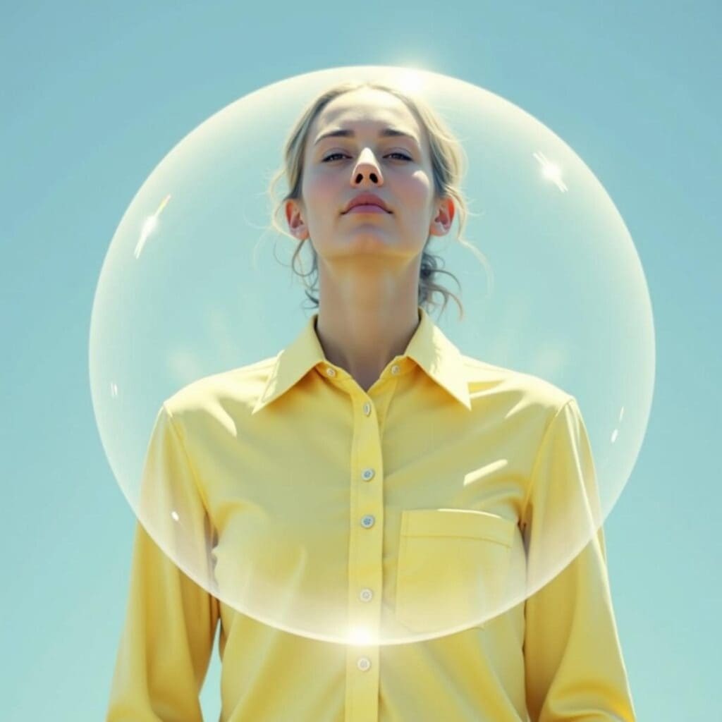 Woman in yellow shirt inside a transparent bubble.