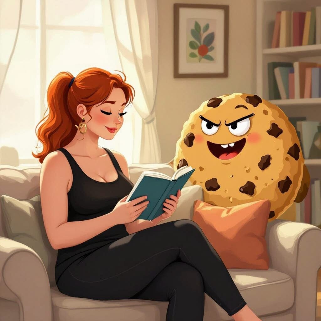 Woman reading a book with a cheerful cookie character on a couch.