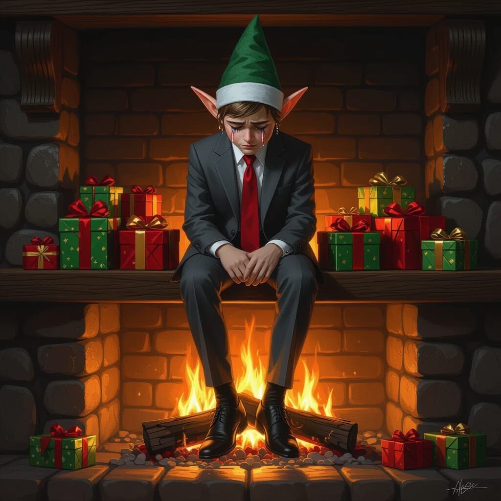 A sad elf in a suit sitting on a hearth with Christmas gifts behind.