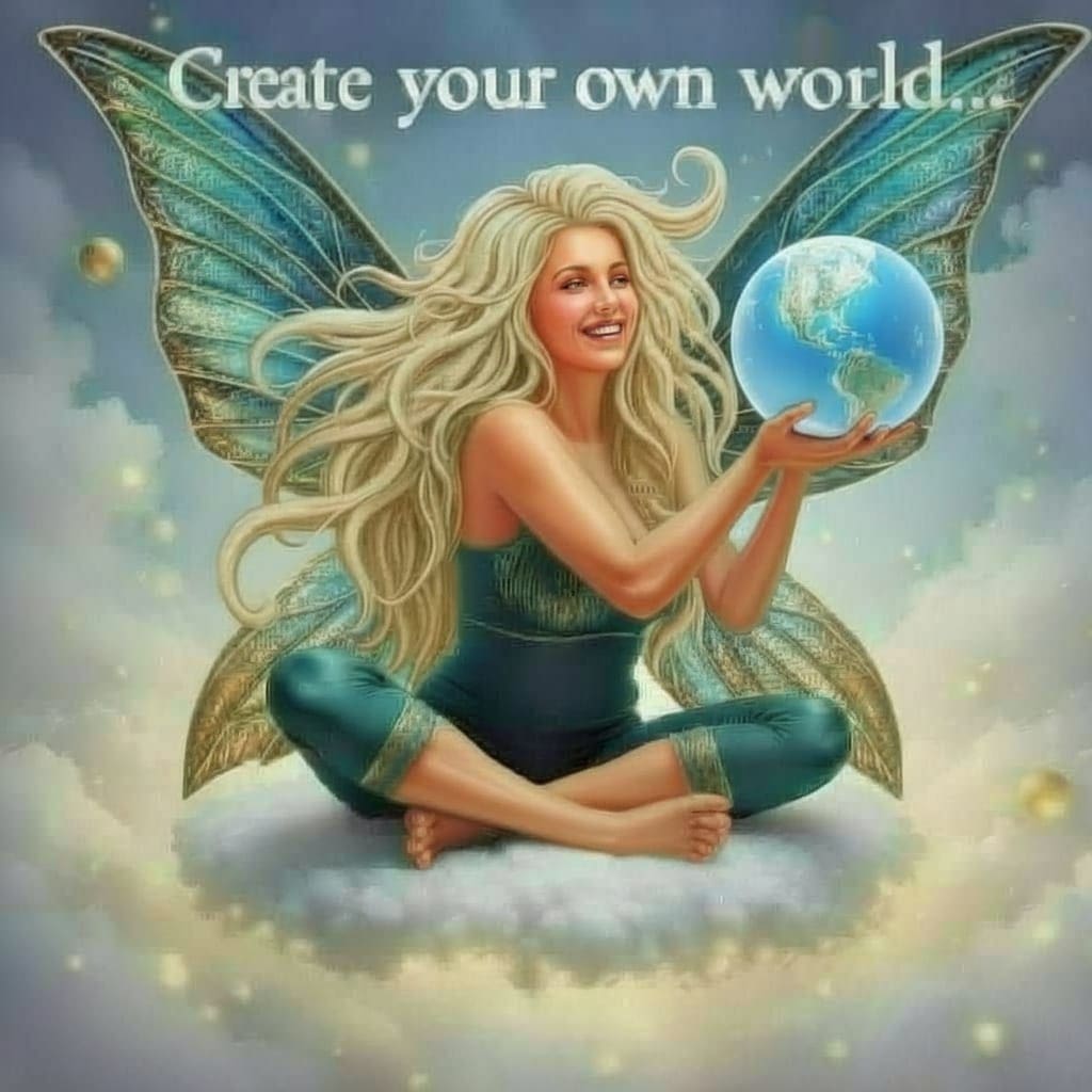 A fairy with long blonde hair holding a glowing Earth.