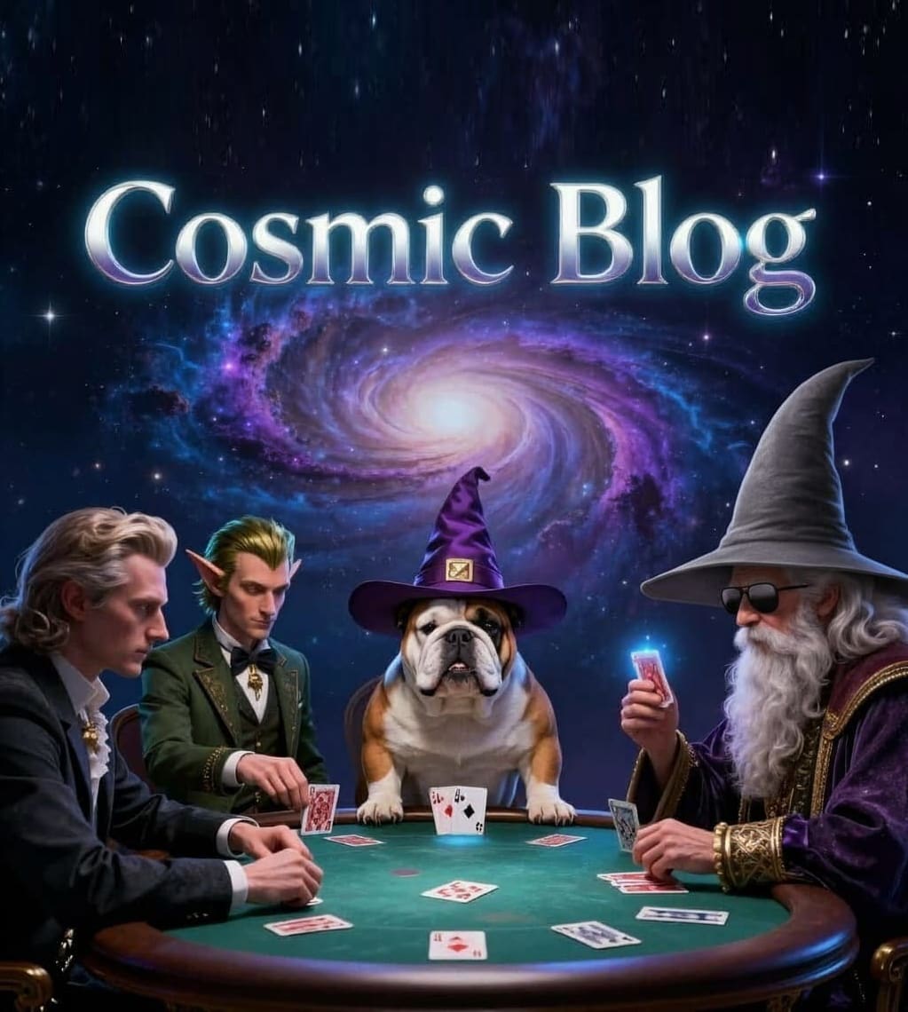 A wizard-themed poker game under a cosmic galaxy backdrop titled 'Cosmic Blog'.