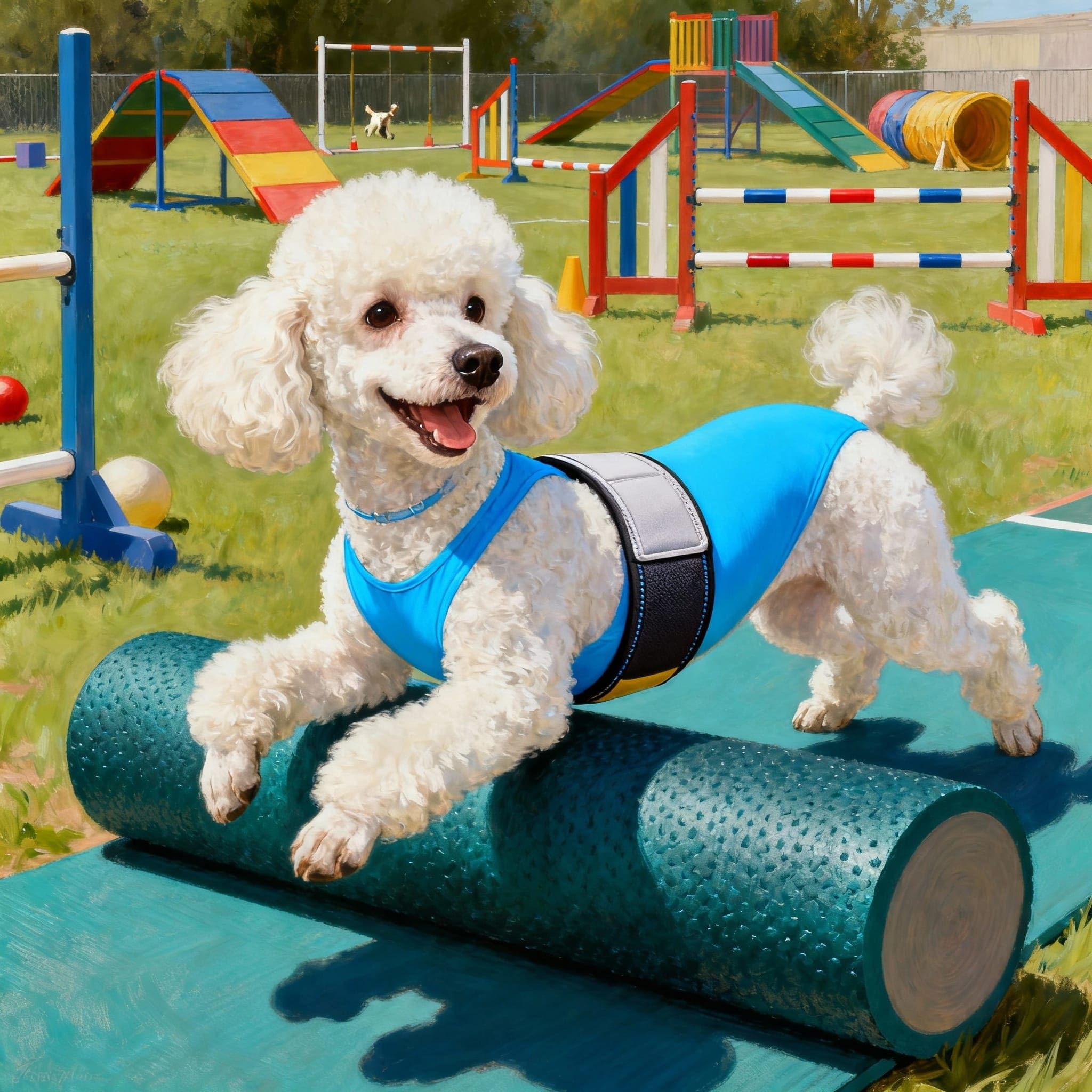 A happy white poodle in a blue vest balancing on a roller at a dog agility course.