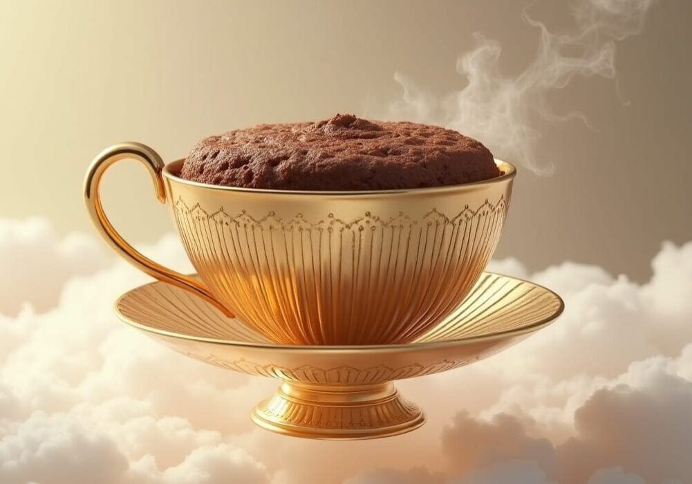 A cup of chocolate cake sitting on top of a saucer.