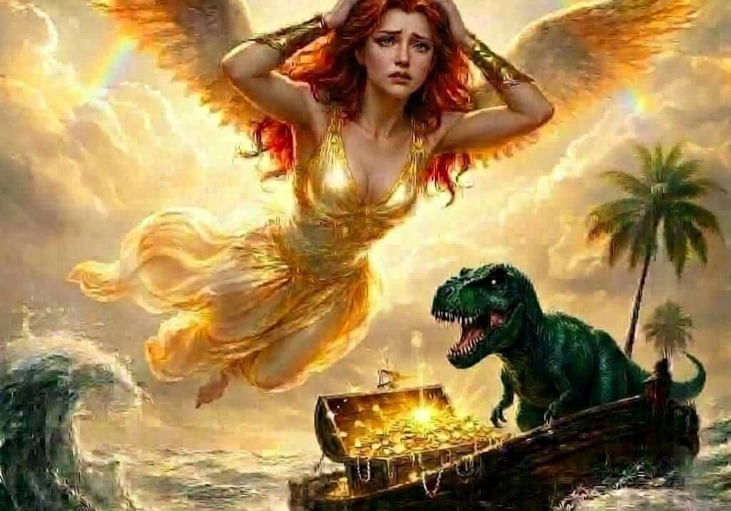 Golden lady with chest and dino final