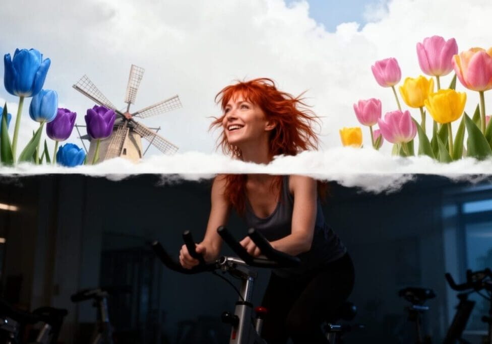 Lady on exercise bike with tulips