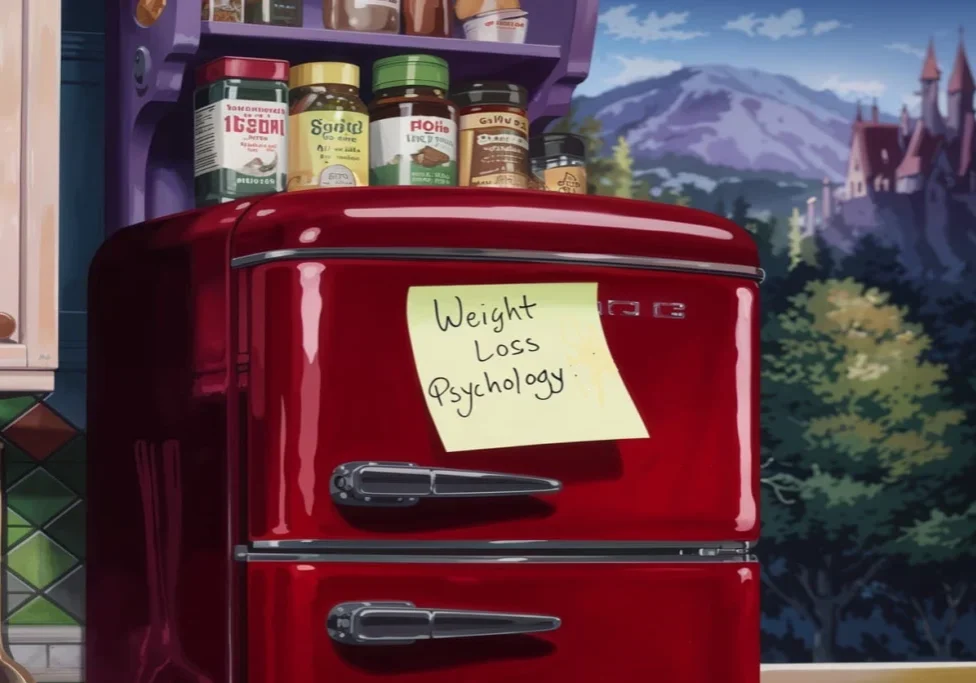 A red refrigerator with spices on top of it.